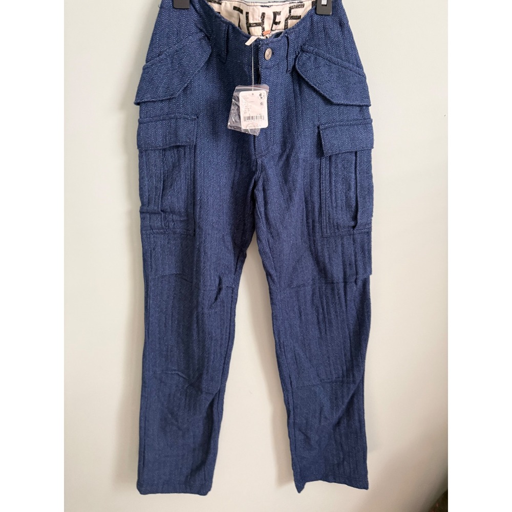 Free People Herringbone Cargo Pants Navy Blue Textured Utility Trousers Size 10
